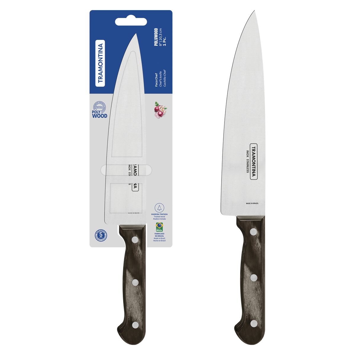 CUCHILLO CHEF 8" POLYWOOD. Lámina de Acero Inoxidable y Mango de Madera Tratada Castaño