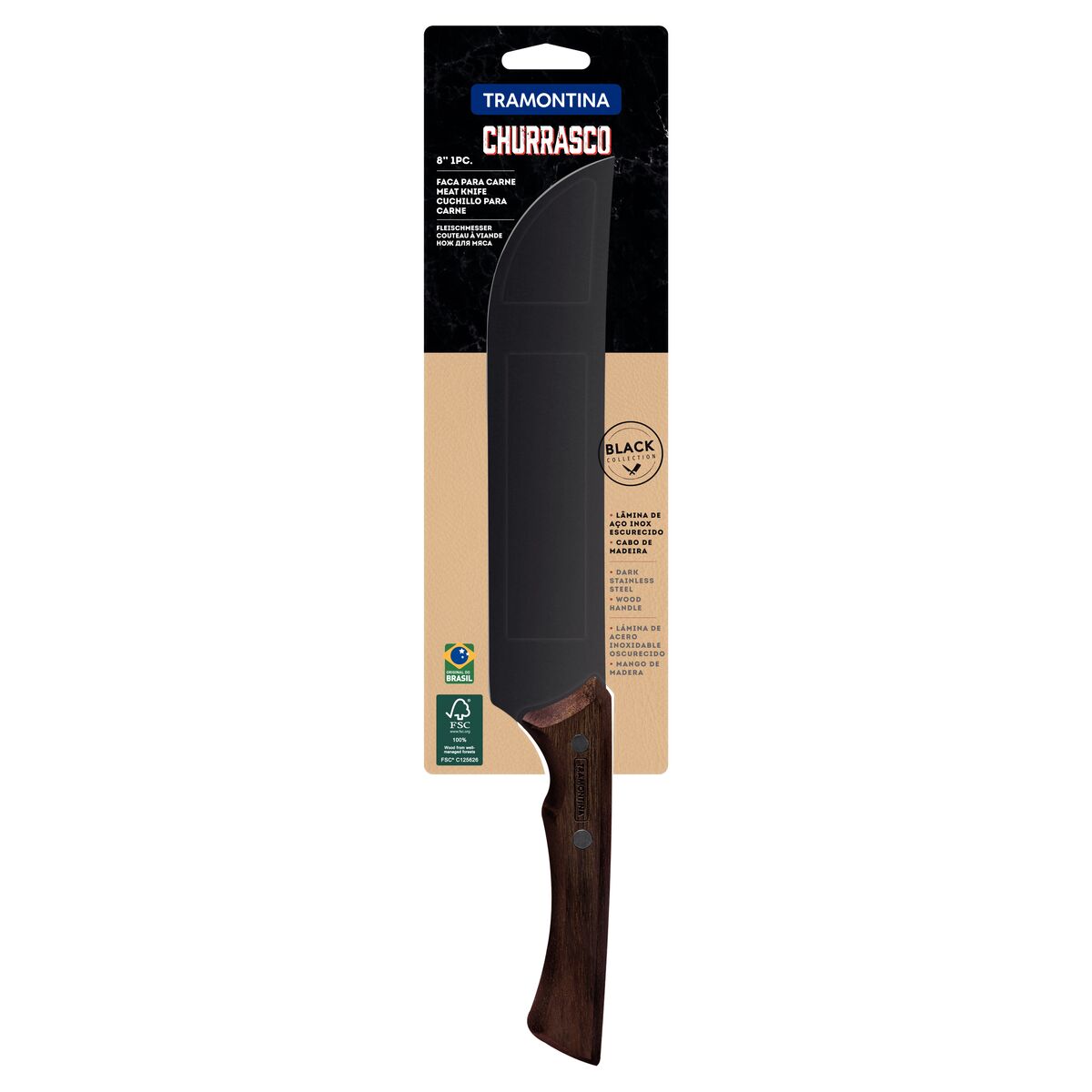 Cuchillo para carne 8" Churrasco Black. Lámina de Acero Inoxidable Oscurecido y Mango de Madera