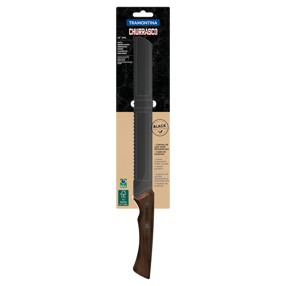 Cuchillo para jamón 10" Churrasco Black.Lámina de Acero Inoxidable Oscurecido y Mango de Madera