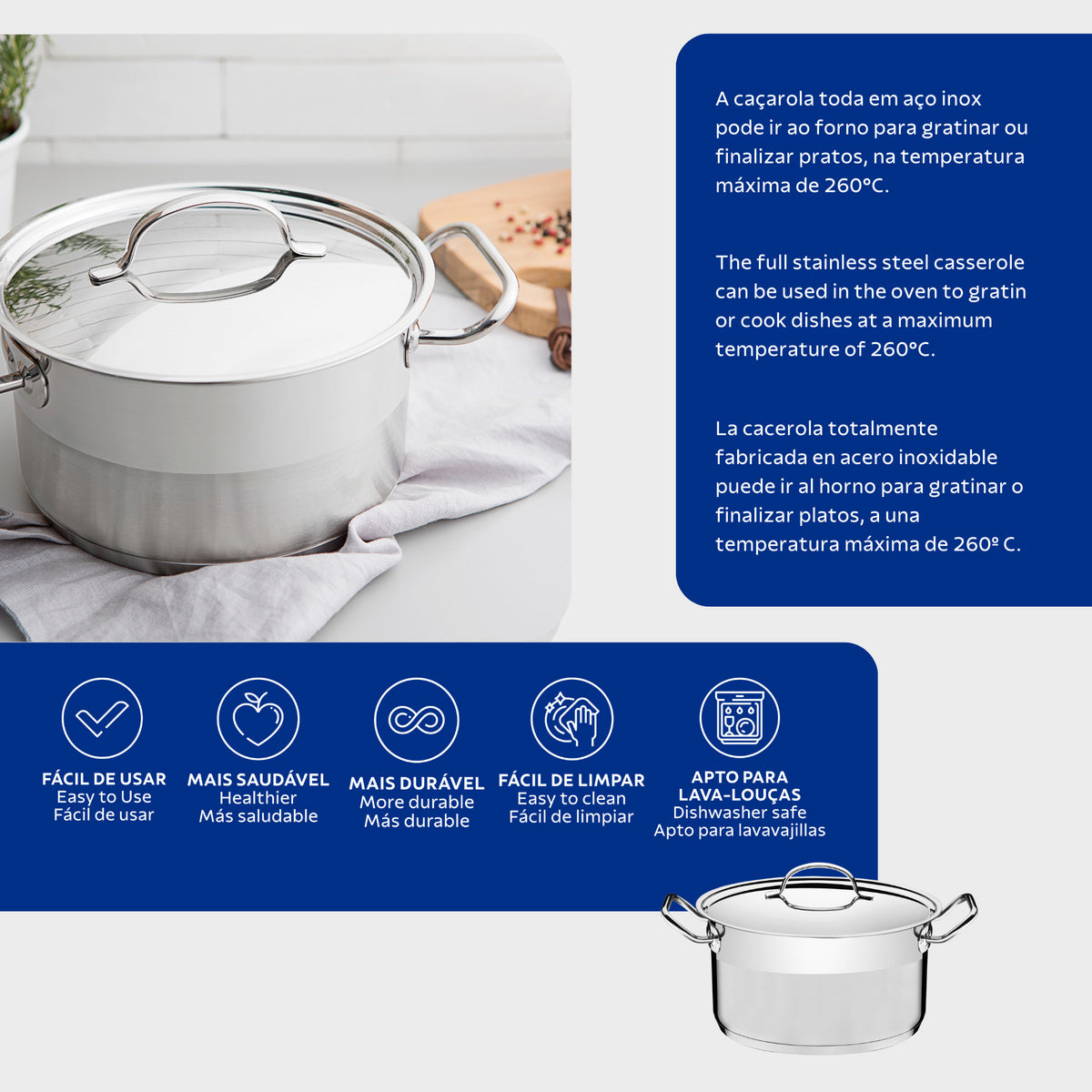 CACEROLA 20CM PROFESSIONAL 2.9 L. fondo triple con tapa plana