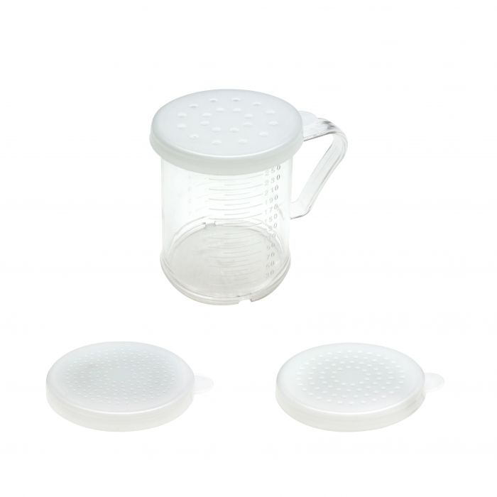 ESPOLVOREADOR CON ASA, 3 TAPAS DIF. PERFORACIÓN, POLICARBONATO 10 oz / 280 gr